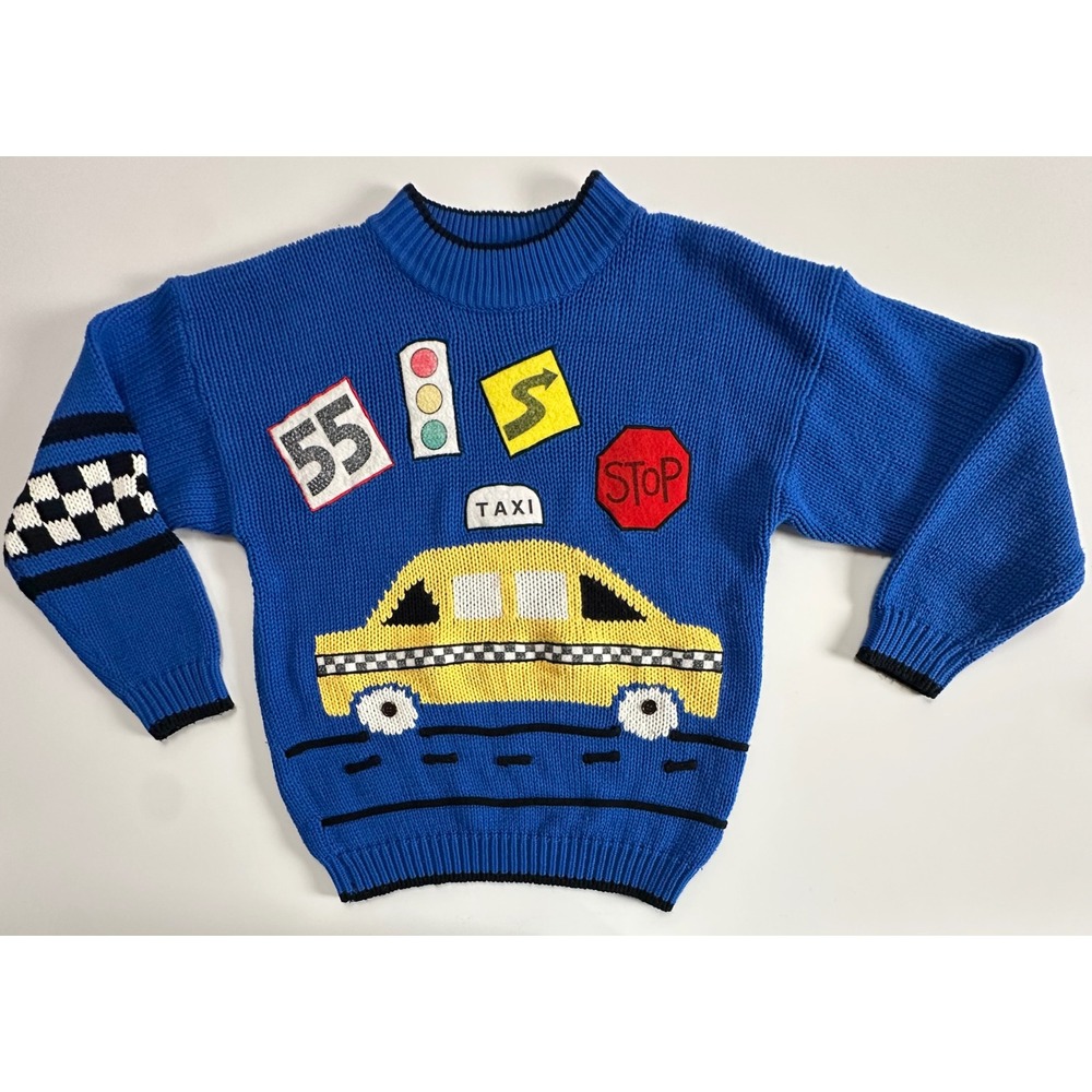 Vintage Right Fashion Blue Taxi Cab Novelty Knit Sweater Women Small NYC Theme
